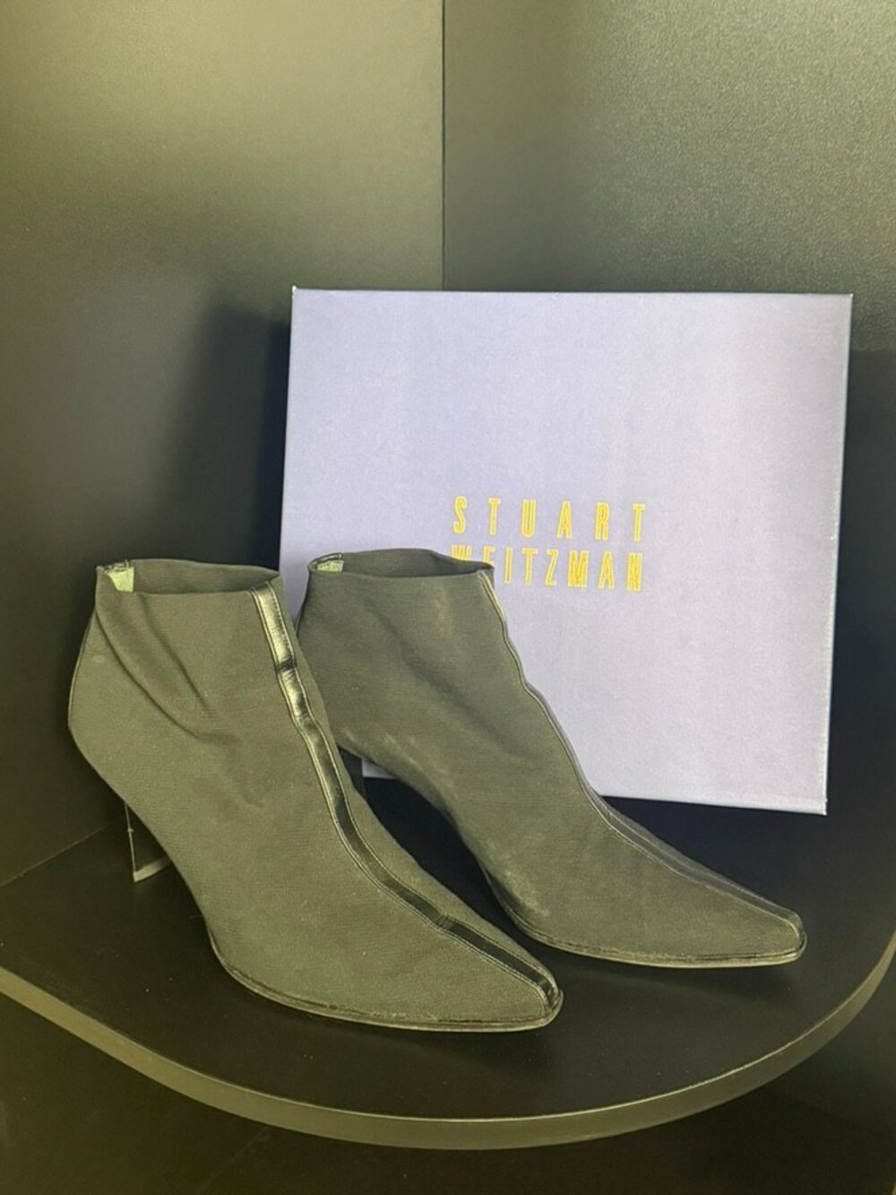 Stuart Weitzman Black Stretch Pointed Toe Ankle Boots | Size 10 | Original Box